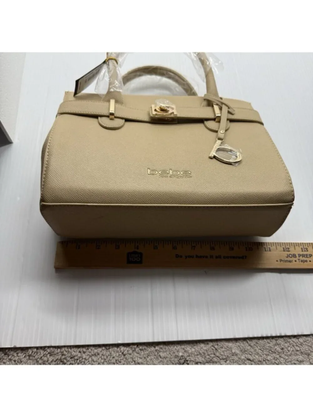 Bebe Evie Satchel NWT Beige Saffiano Gold Turn Lock Crossbody Handbag Work